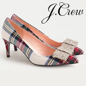 J. Crew Holiday Winter Flannel Plaid Heels with Glitter Bow - Made in Italy